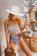 Floral Smocked Ruffle Trim Bandeau Bikini Top