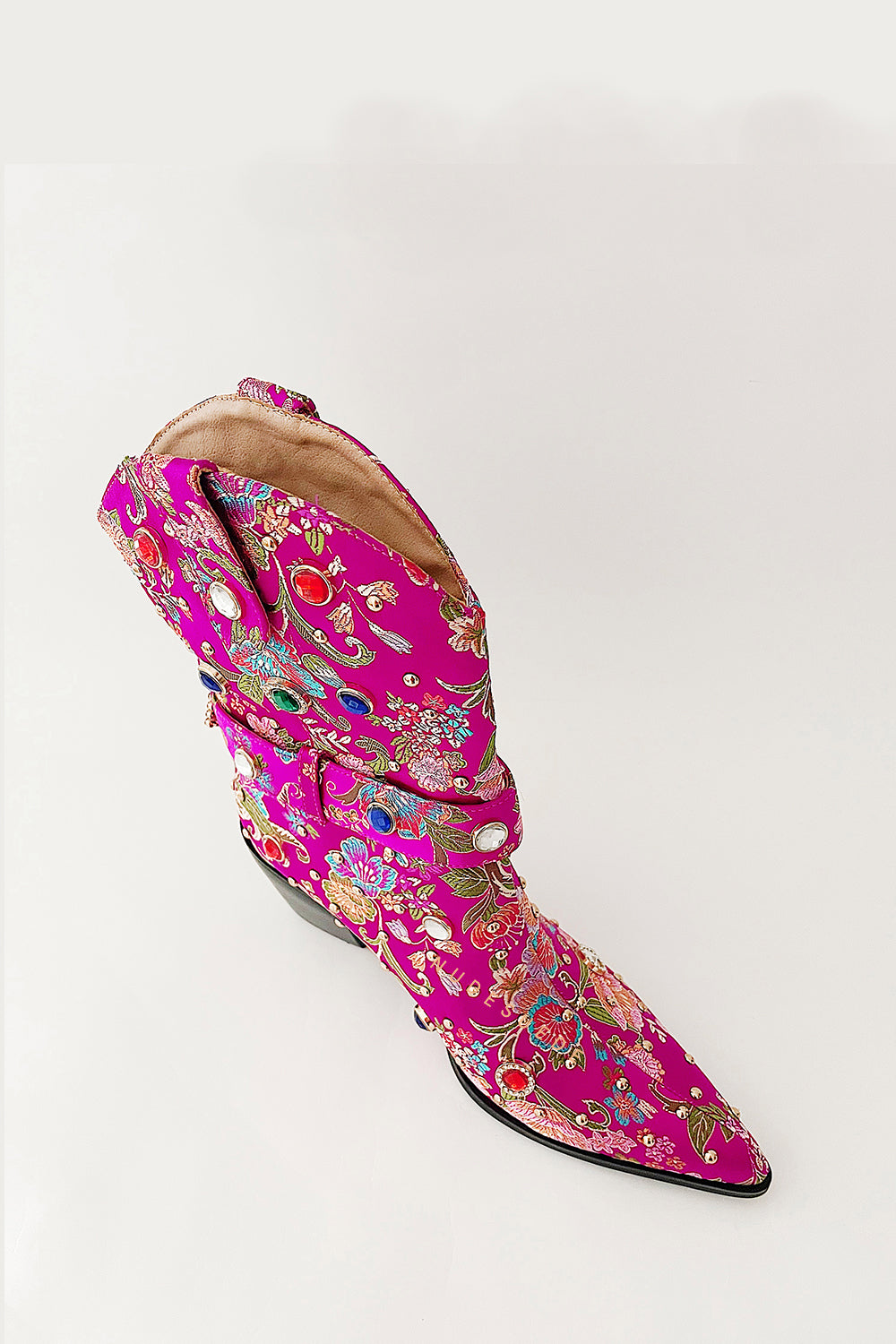 Floral Satin Gemstone-Embellished Pointed Toe Western Ankle Bootie - Pink