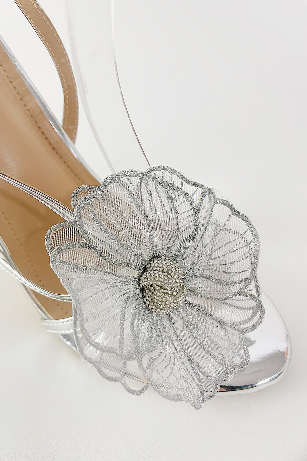 Flower Metallic Silver Rhinestone Slingback Stiletto Heels