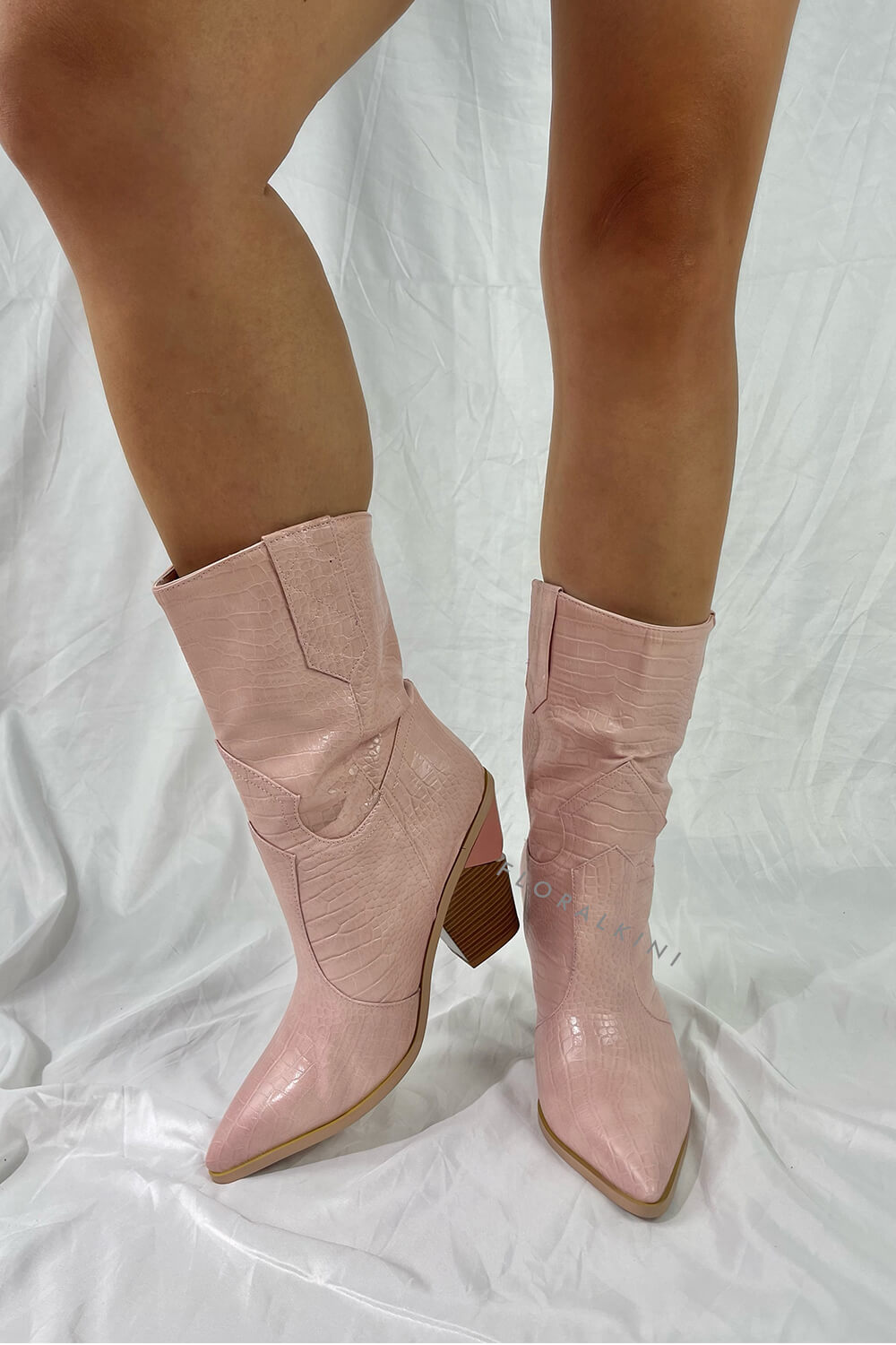 Pink Croc Cut-Out Heel Mid Western Cowboy Boots