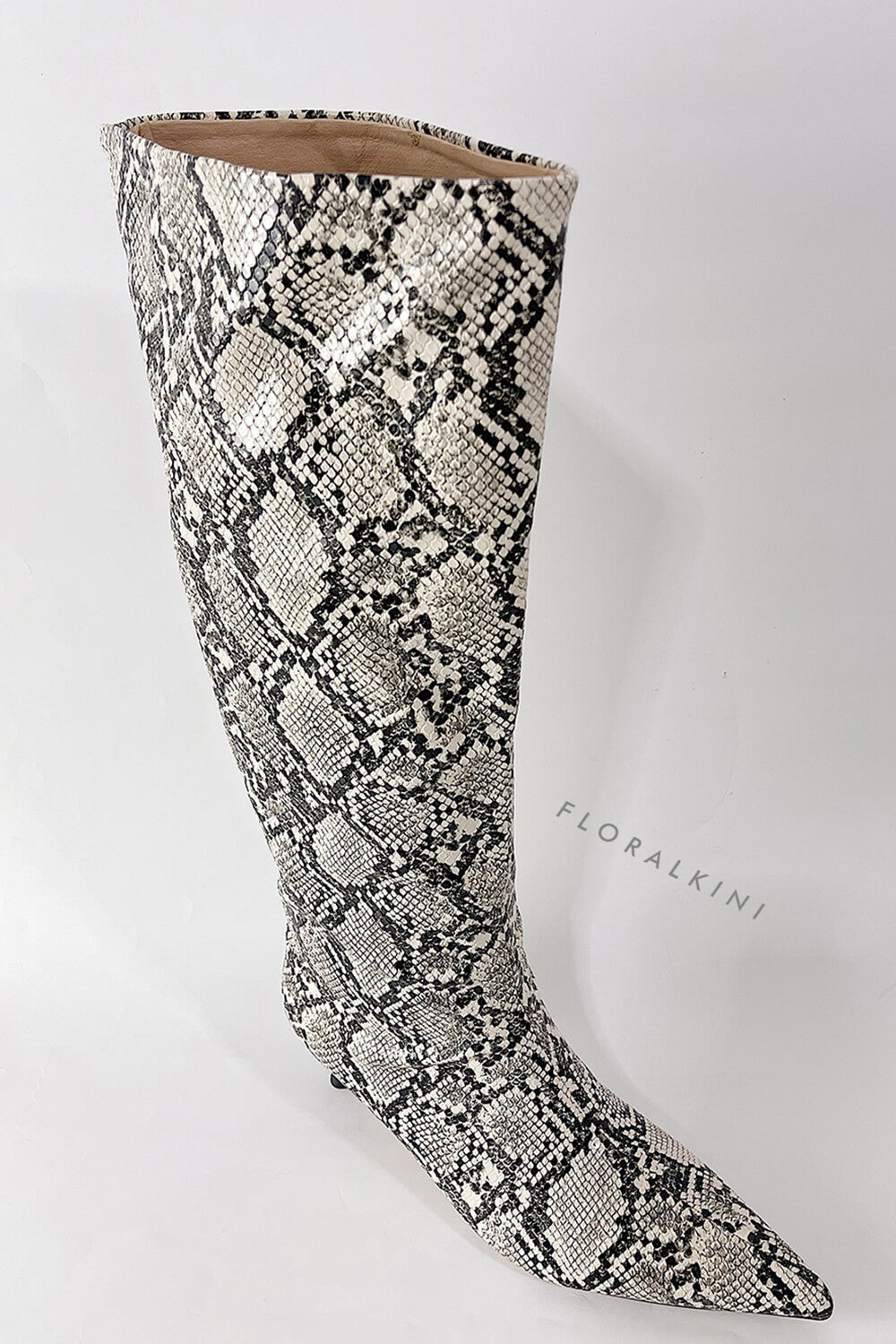 Python Faux Leather Pointed Toe Wide Calf Knee-High Boots
