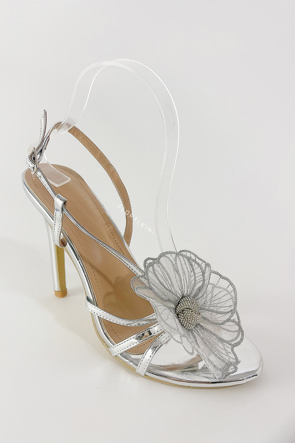 Flower Metallic Silver Rhinestone Slingback Stiletto Heels