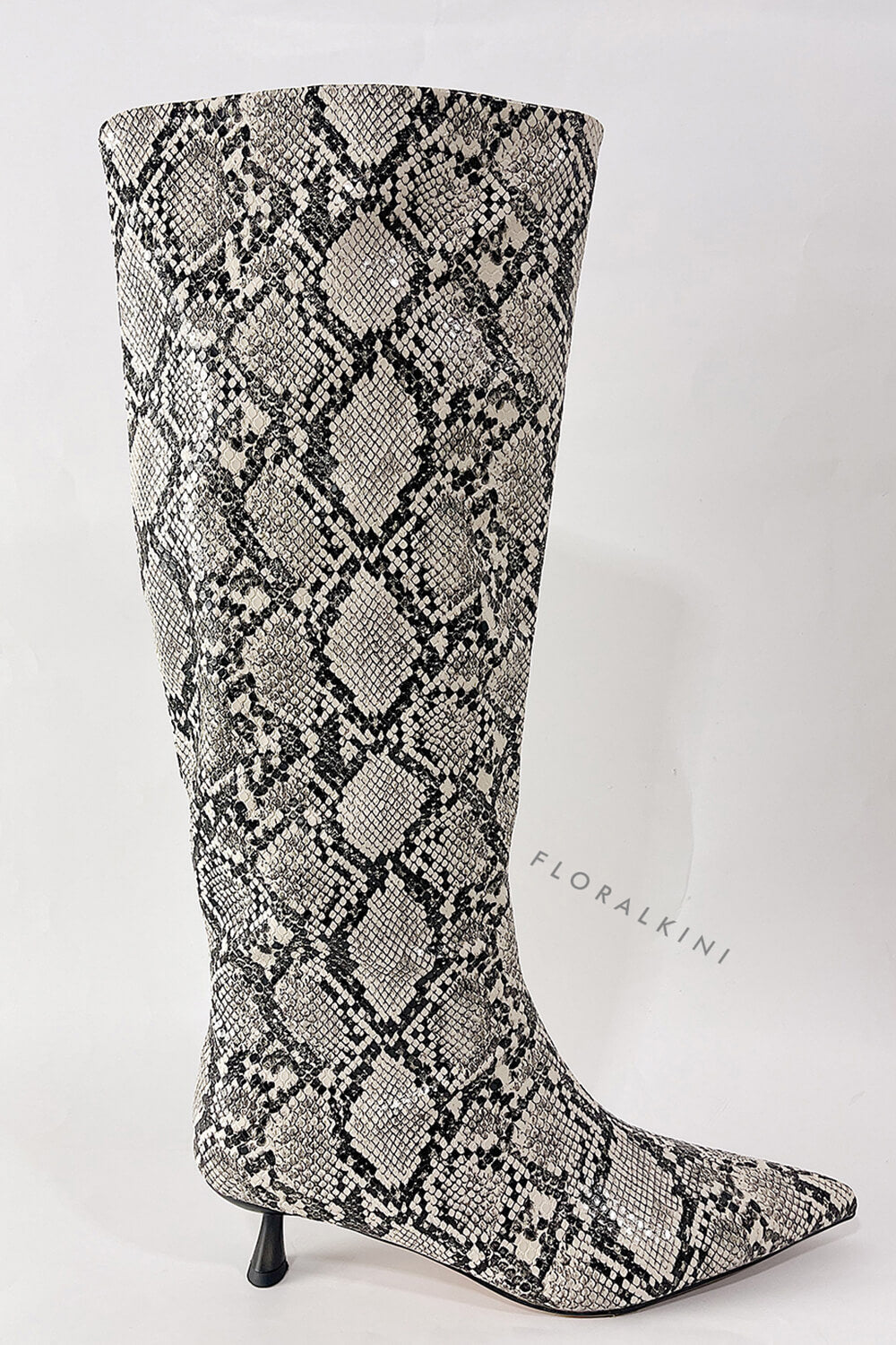 Python Faux Leather Pointed Toe Wide Calf Knee-High Boots