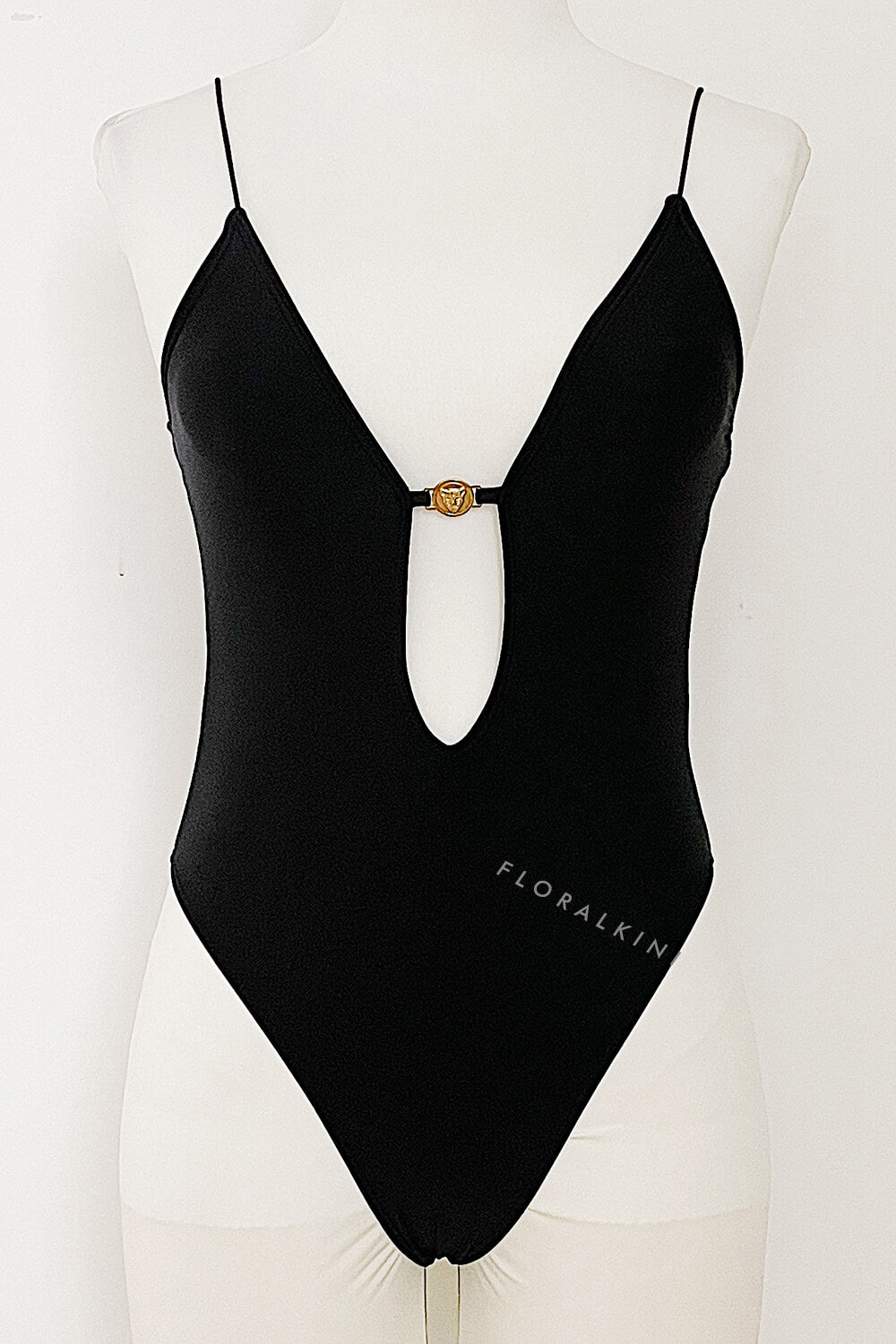 V Neck Cut Out One Piece Swimsuit With Golden Ring Details - Black