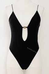V Neck Cut Out One Piece Swimsuit With Golden Ring Details - Black