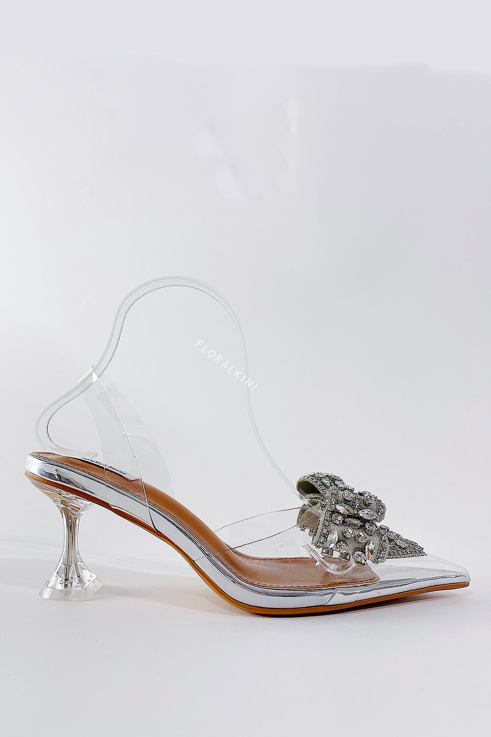 Crystal Bow Metallic Silver Clear Perspex Pointed Toe Slingback Pumps