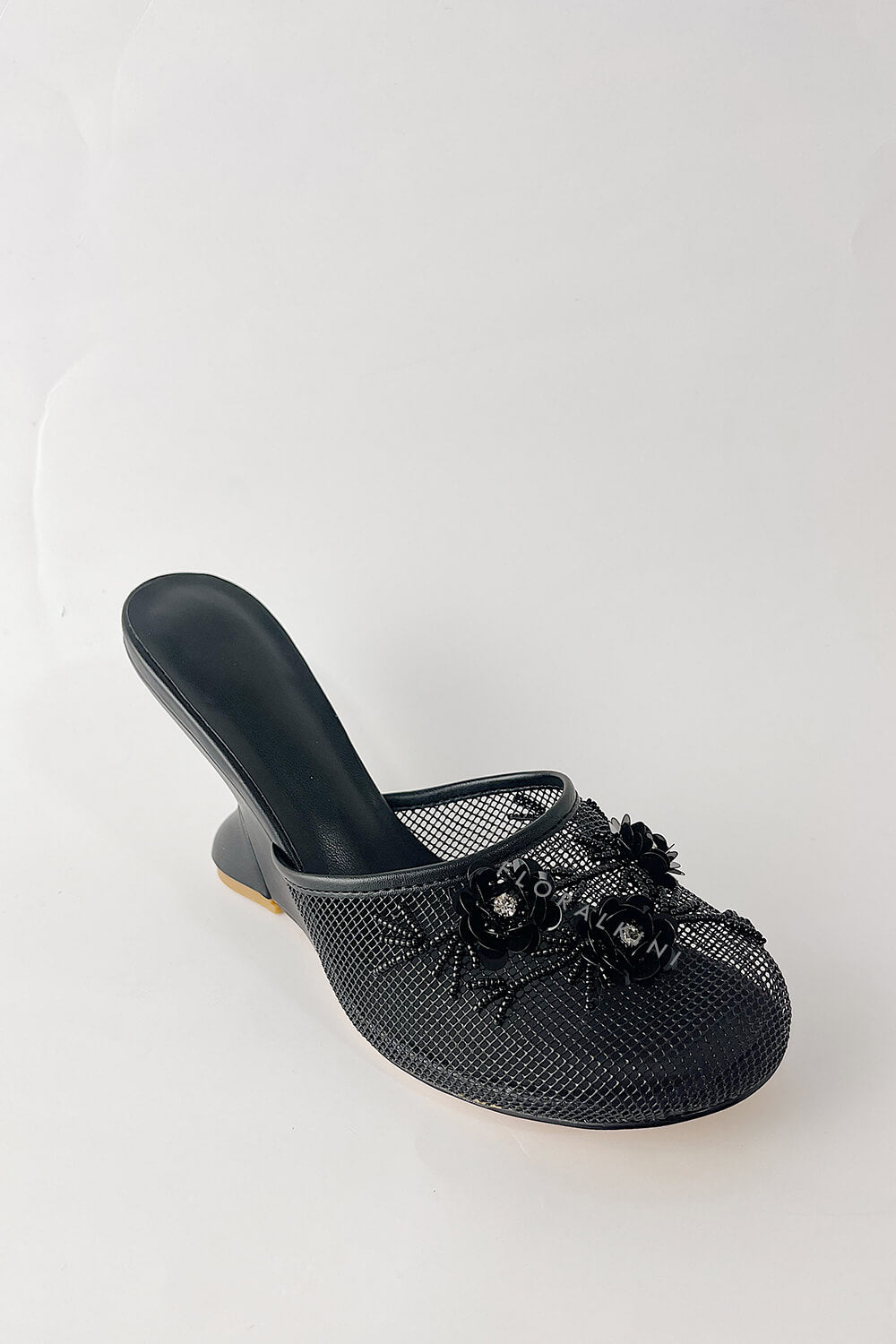 Floral Embellished Mesh Pyramid Wedge Mule Sandals