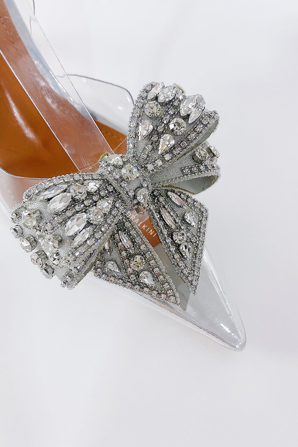 Crystal Bow Metallic Silver Clear Perspex Pointed Toe Slingback Pumps