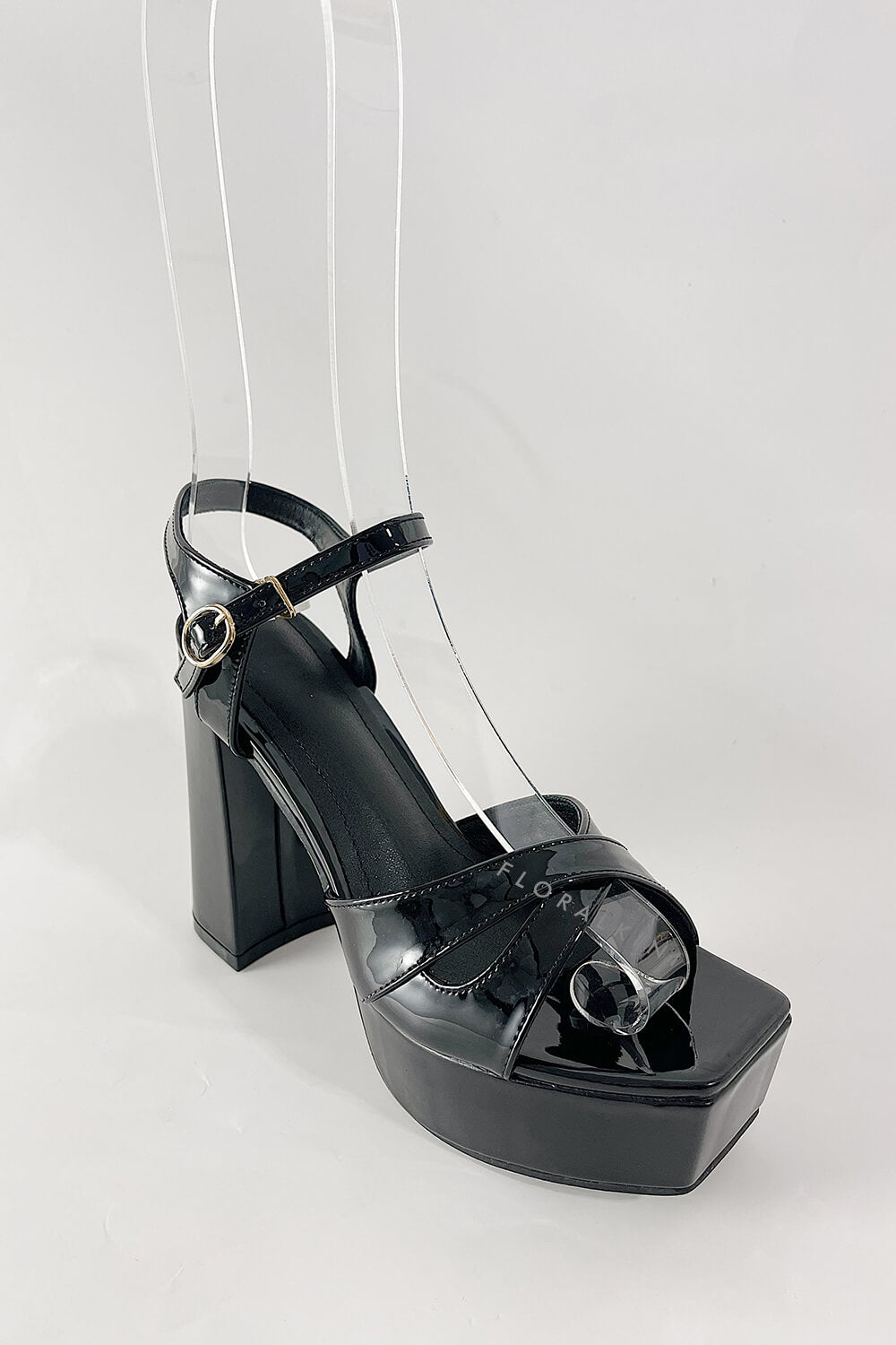 Patent Square Open Toe Platform Block Heeled Sandals