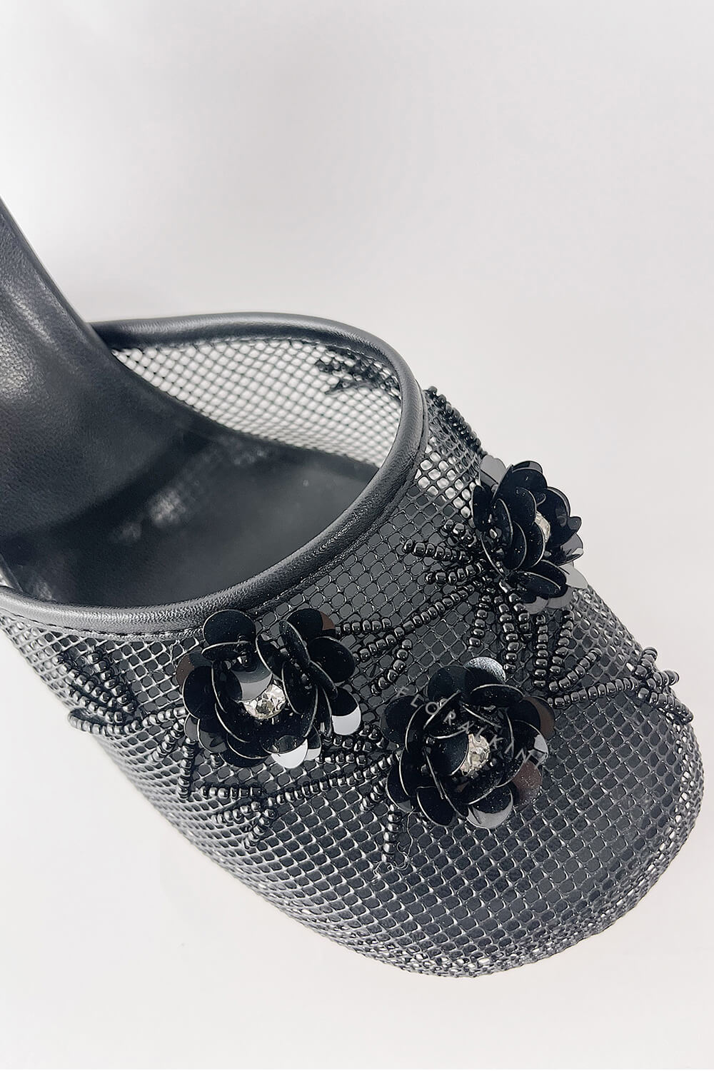 Floral Embellished Mesh Pyramid Wedge Mule Sandals