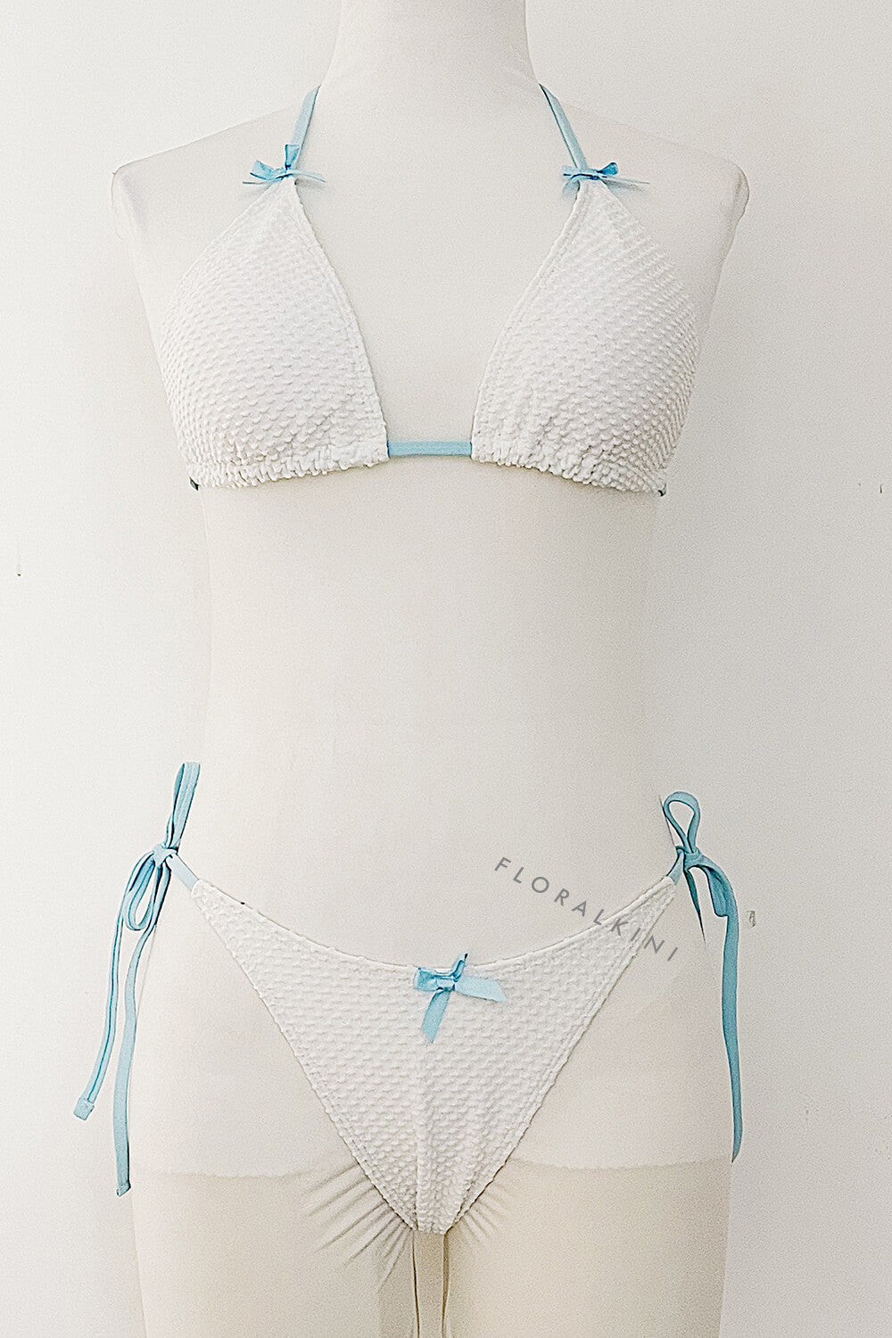 Two Toned Triangle Halter Tie Side Bikini Set With Bows Detailing