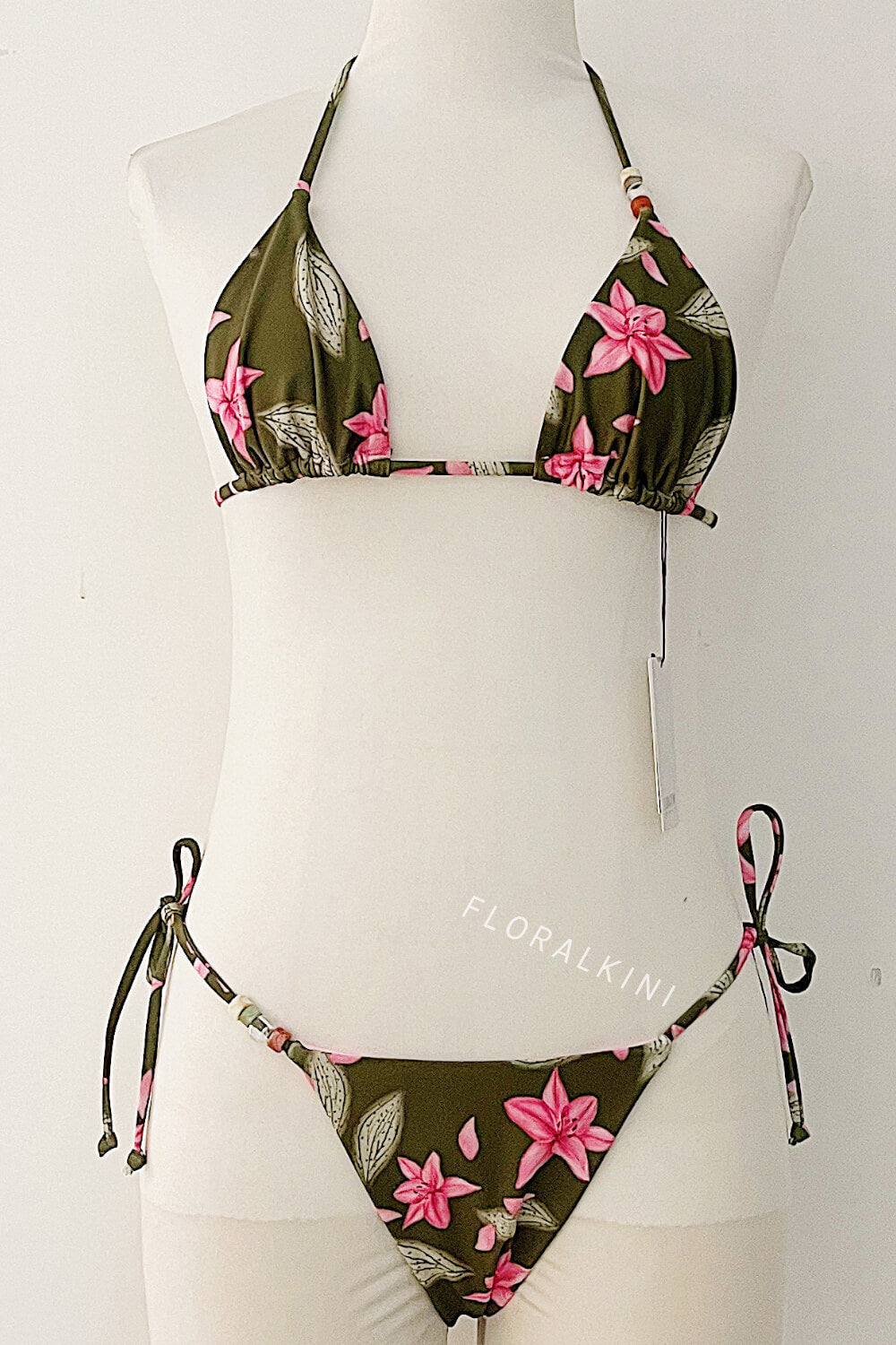 Floral Triangle Halter Tie Side Bikini Set With Beaded Details