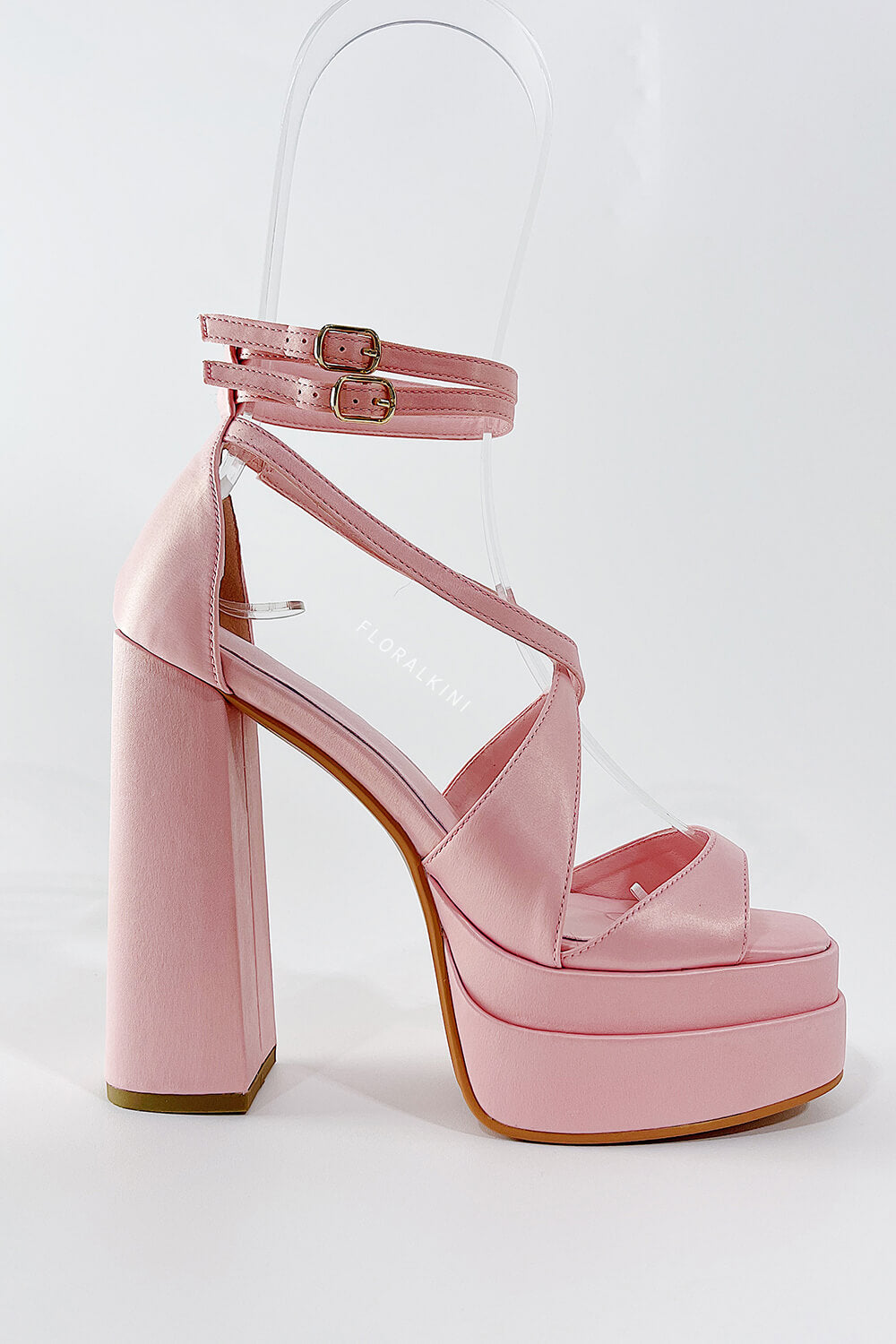 Satin Strappy Square Open Toe Double Platform Block Heeled Sandals