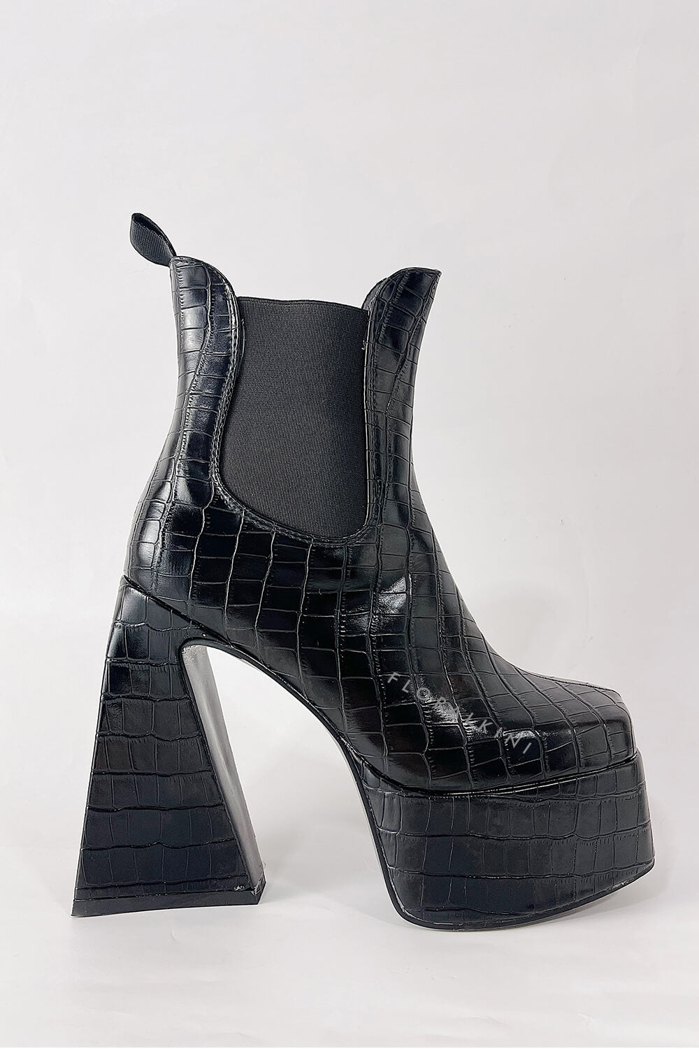 Croc Platform Square Toe Statement Block Heel Ankle Boots