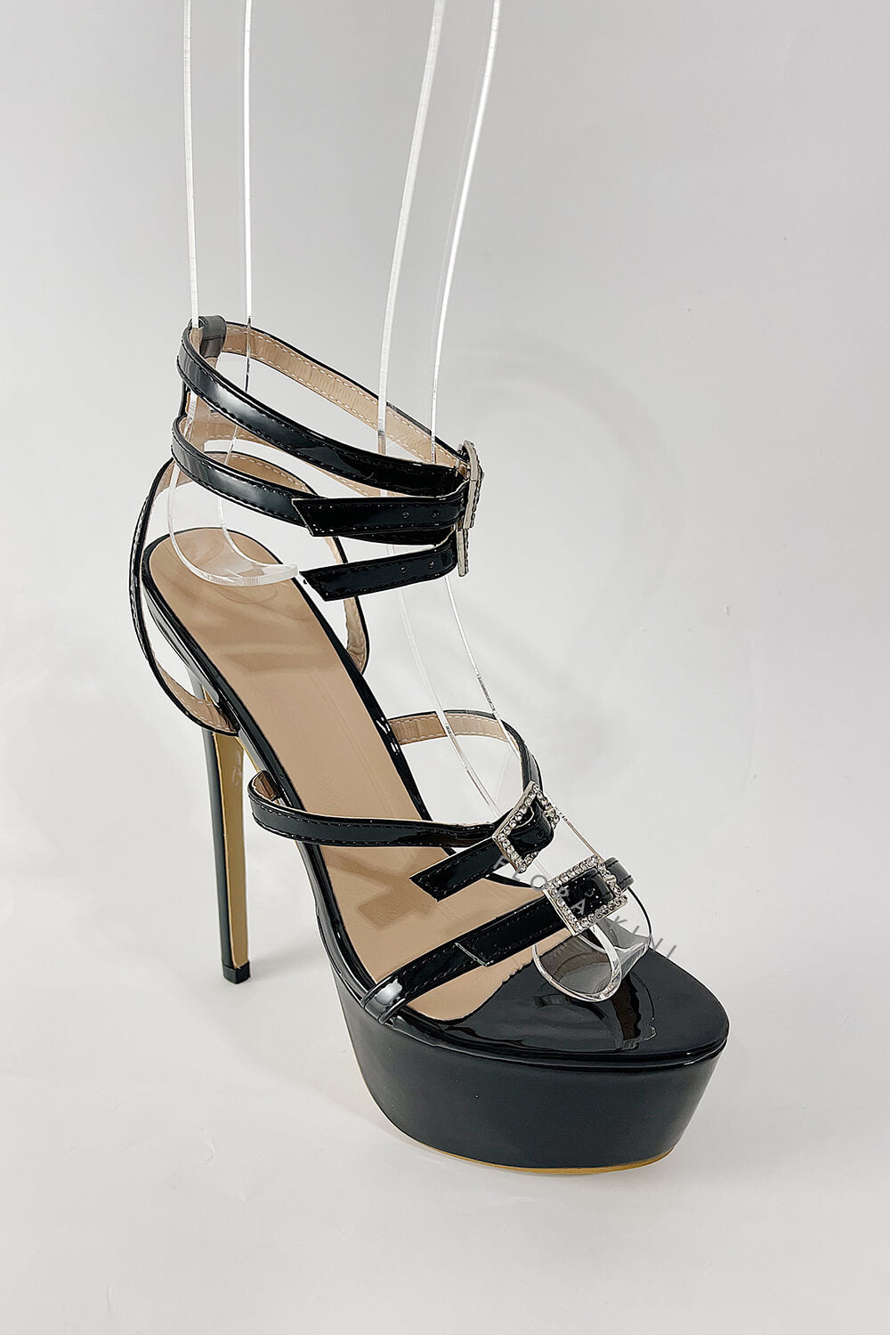 Patent Strappy Diamante Buckle Statement Platform High Heel