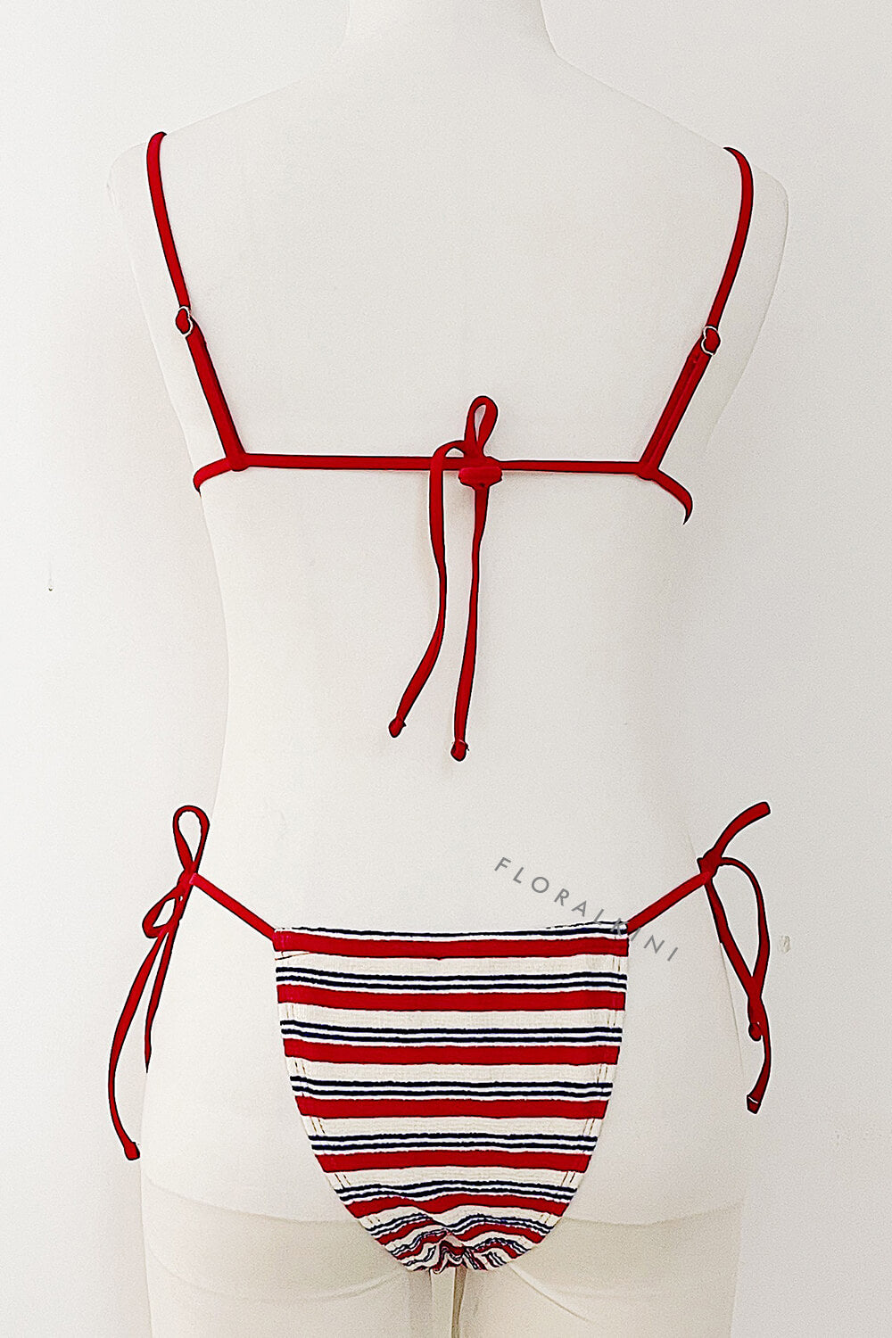Stripe Print Terry Triangle Halter Tie Side Bikini Set