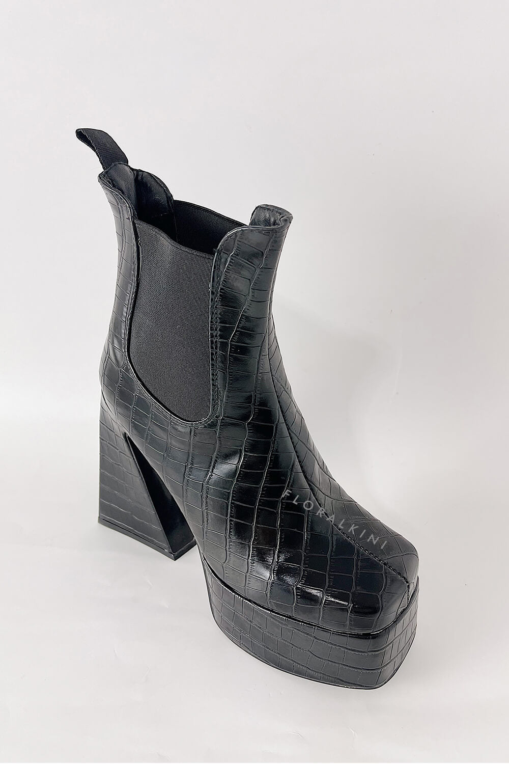Croc Platform Square Toe Statement Block Heel Ankle Boots
