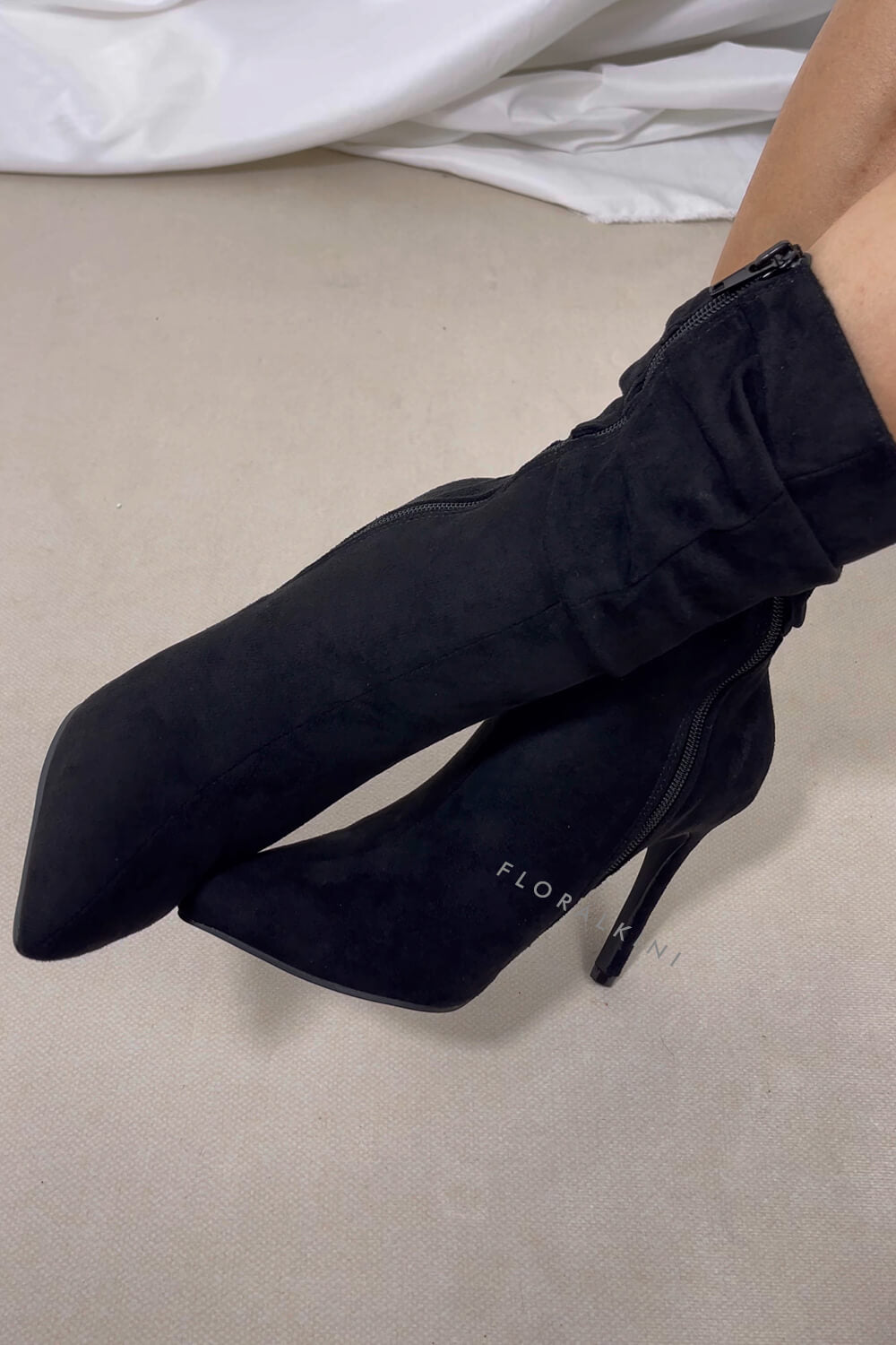 Faux Suede Ruched Detailed Mid-Calf Slouch Stiletto Heel Boots