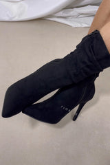Faux Suede Ruched Detailed Mid-Calf Slouch Stiletto Heel Boots