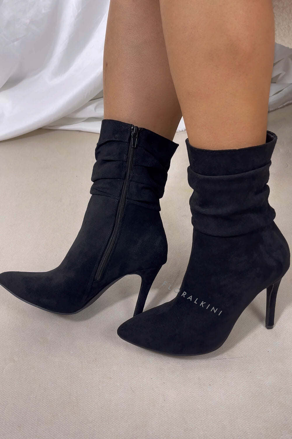 Faux Suede Ruched Detailed Mid-Calf Slouch Stiletto Heel Boots