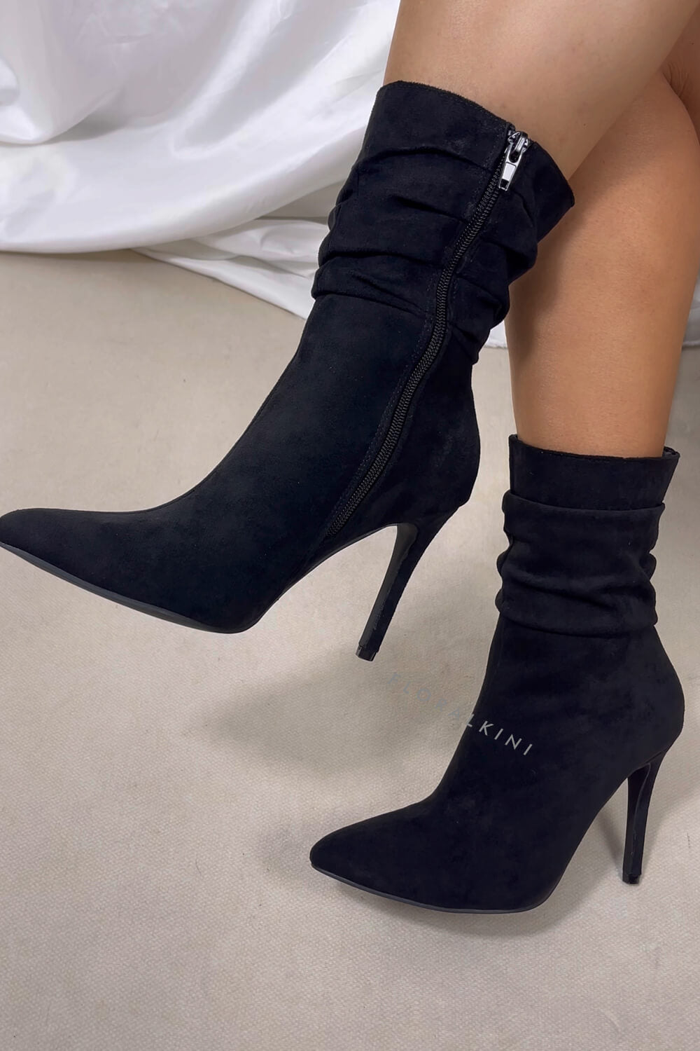 Faux Suede Ruched Detailed Mid-Calf Slouch Stiletto Heel Boots