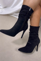 Faux Suede Ruched Detailed Mid-Calf Slouch Stiletto Heel Boots
