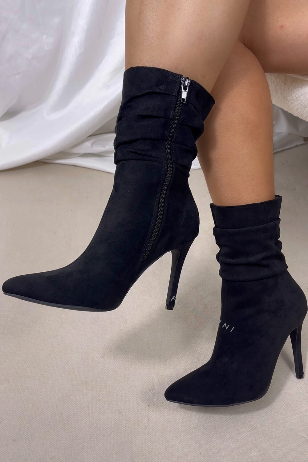 Faux Suede Ruched Detailed Mid-Calf Slouch Stiletto Heel Boots
