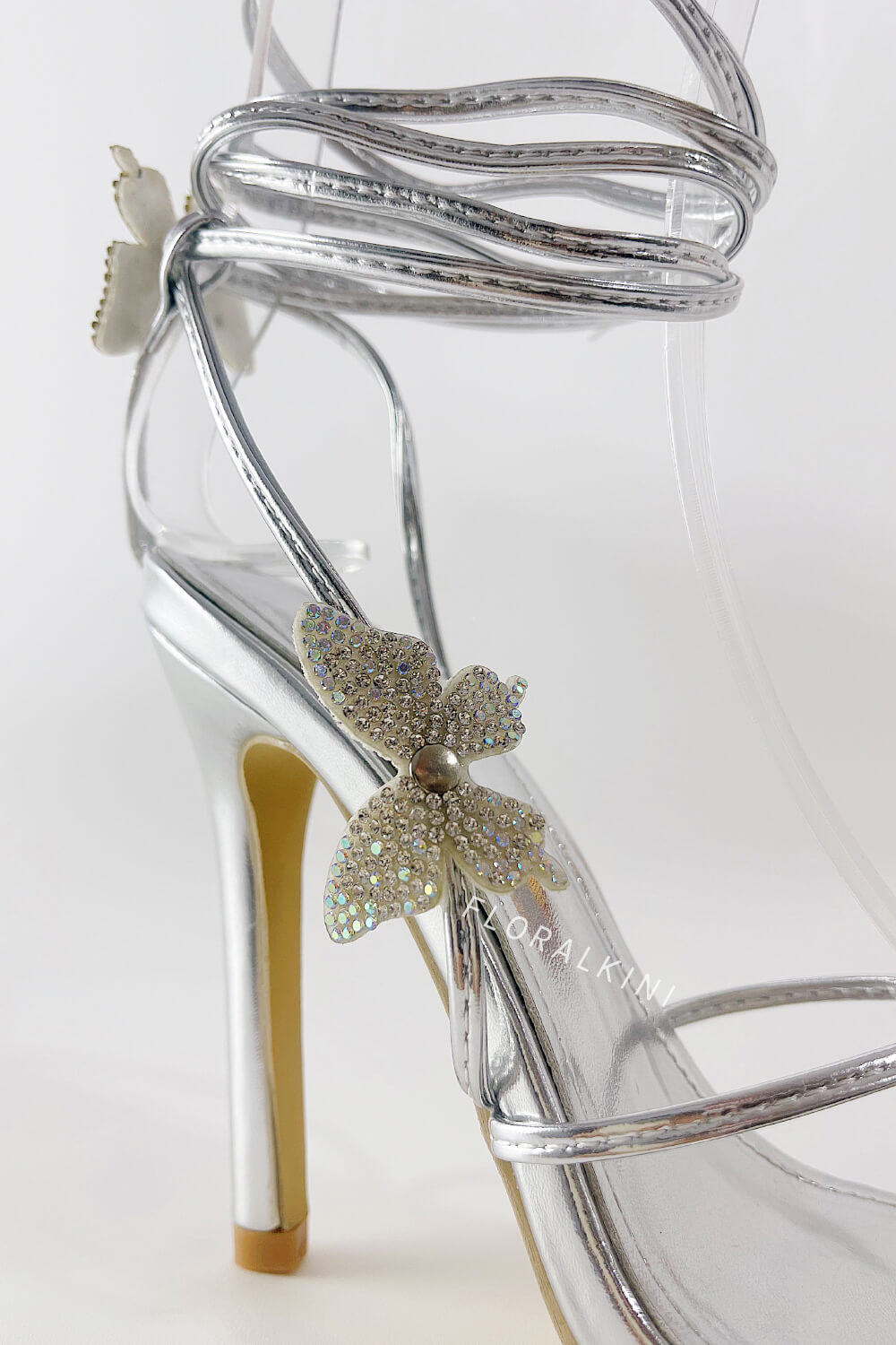 Crystal-Embellished Butterfly Lace Up Pointed Toe Stiletto Sandals