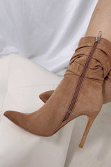 Faux Suede Ruched Detailed Mid-Calf Slouch Stiletto Heel Boots