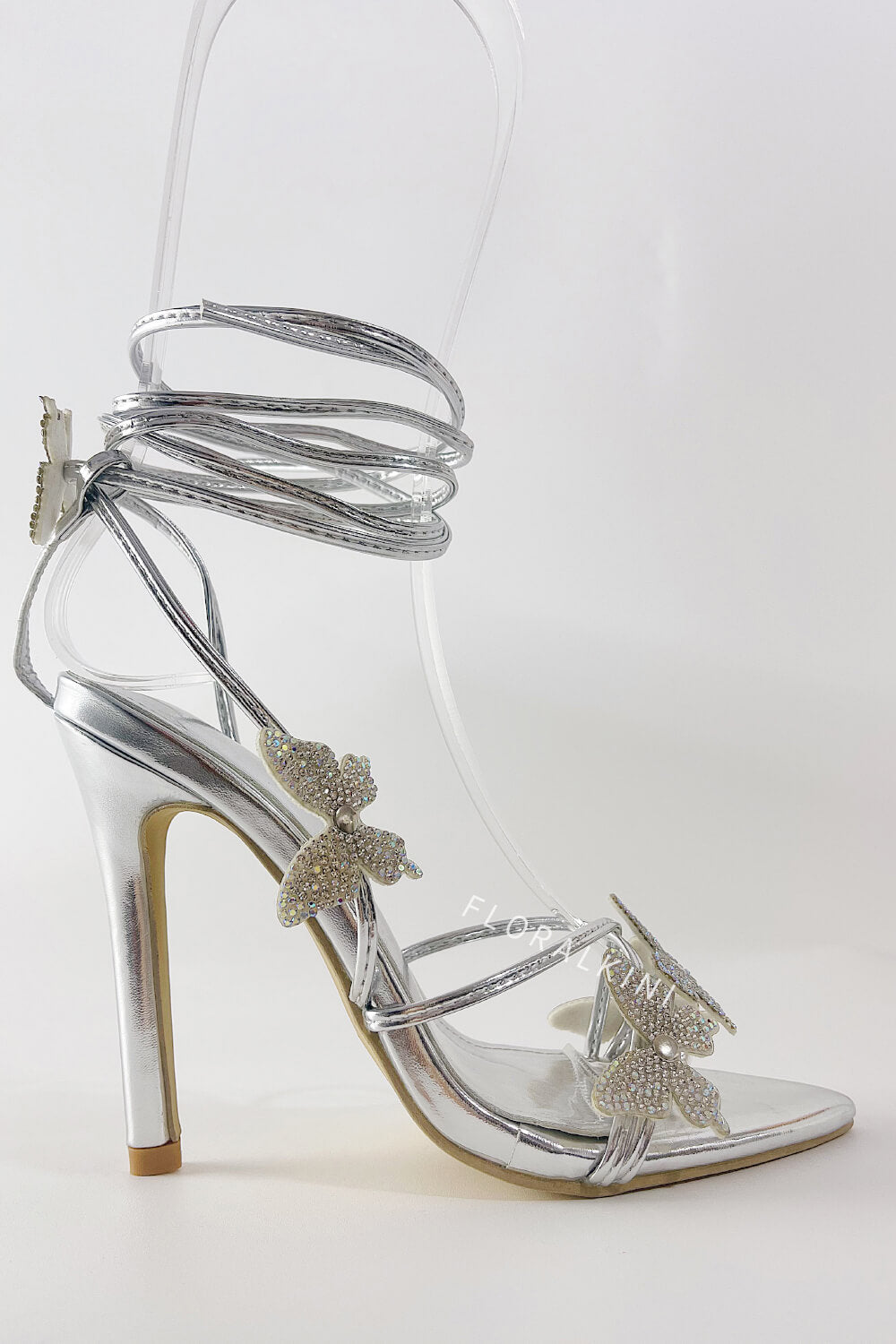 Crystal-Embellished Butterfly Lace Up Pointed Toe Stiletto Sandals
