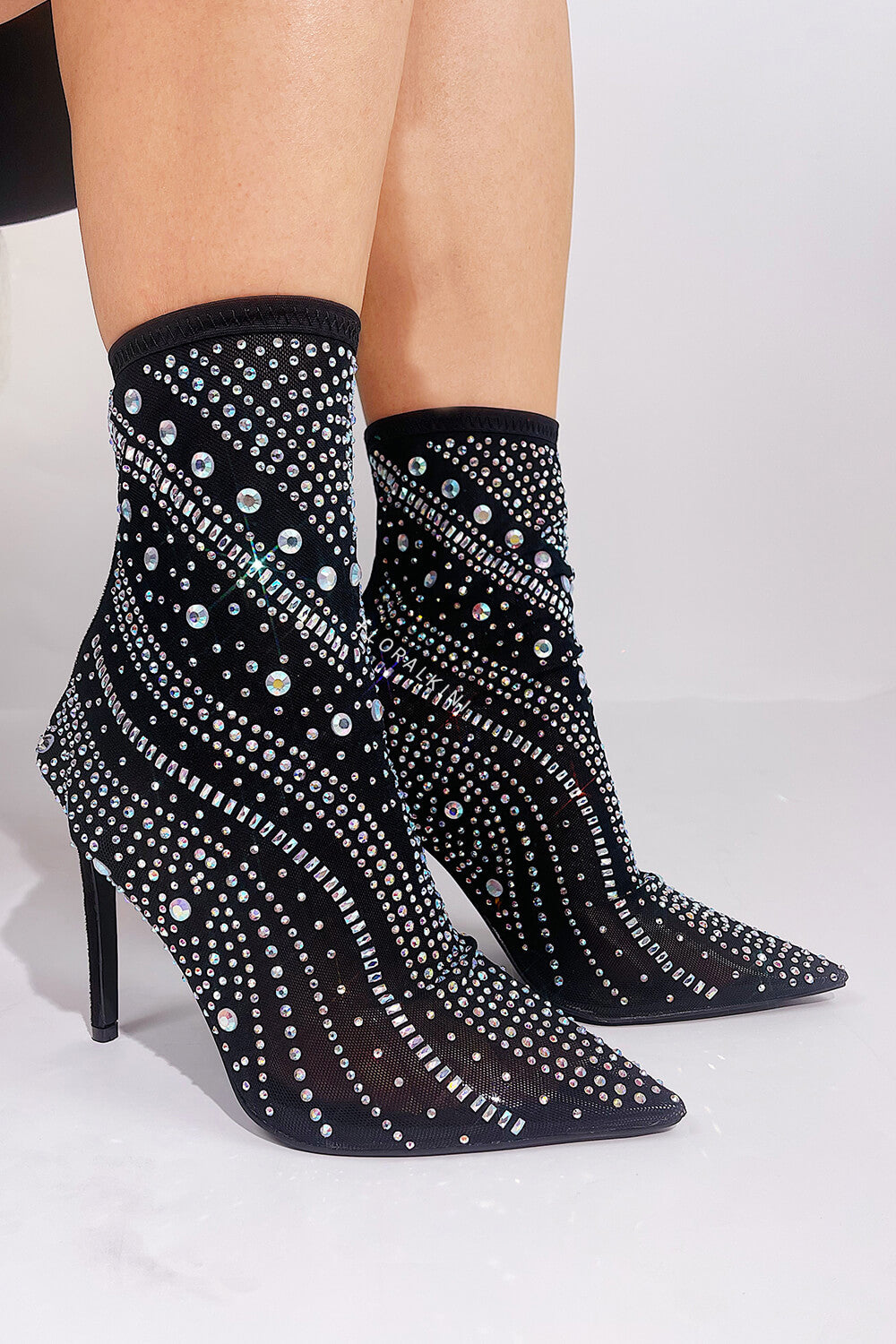 Crystal-Embellished Mesh Mid-Calf Pointed Toe Stiletto Heel Bootie