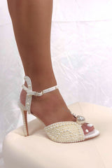 Pearl-Embellished Peep Toe Ankle Stiletto Heels