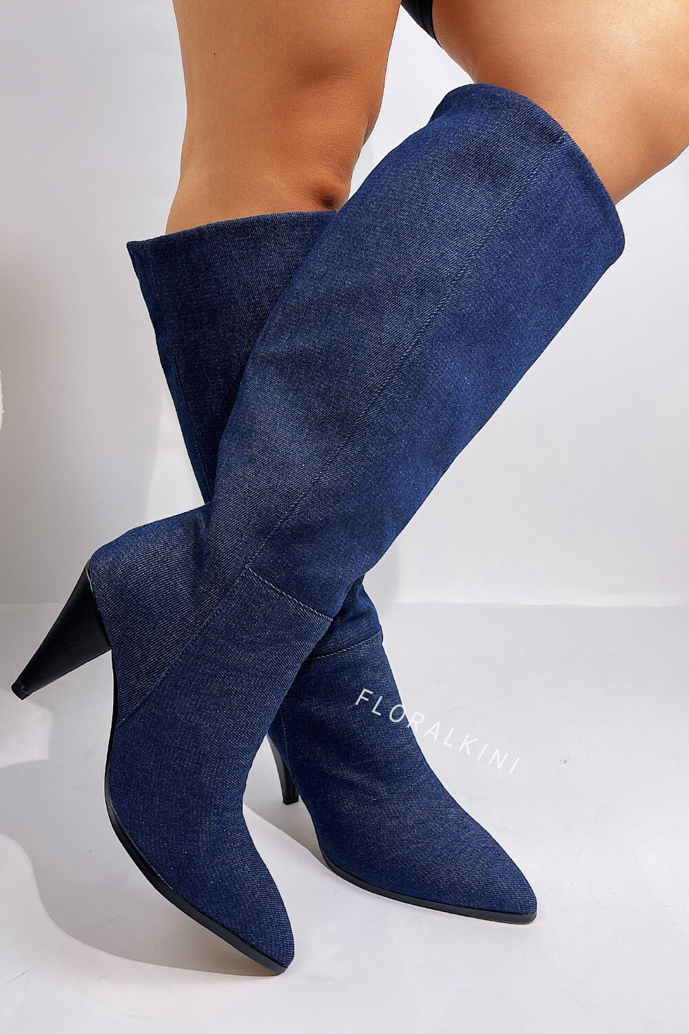 Denim Pointed-Toe Cone Heel Knee High Boots