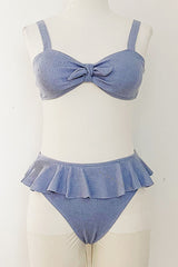 Light Blue Ribbed Front Tie Knot Bralette Bikini Top