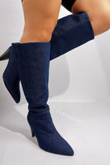 Denim Pointed-Toe Cone Heel Knee High Boots