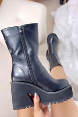 Black Chunky Platform Ankle Sock Boots