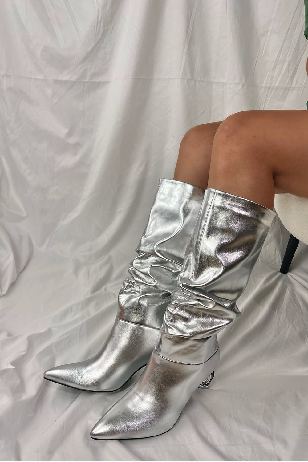 Metallic Slouchy Pointed Toe Chain-Heel Mid Boots - Silver