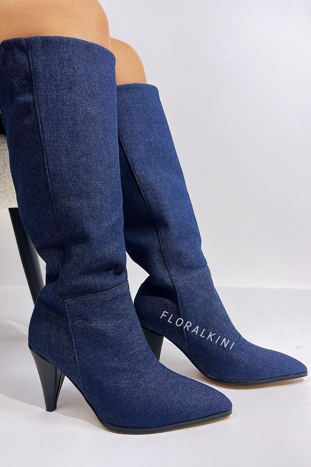 Denim Pointed-Toe Cone Heel Knee High Boots