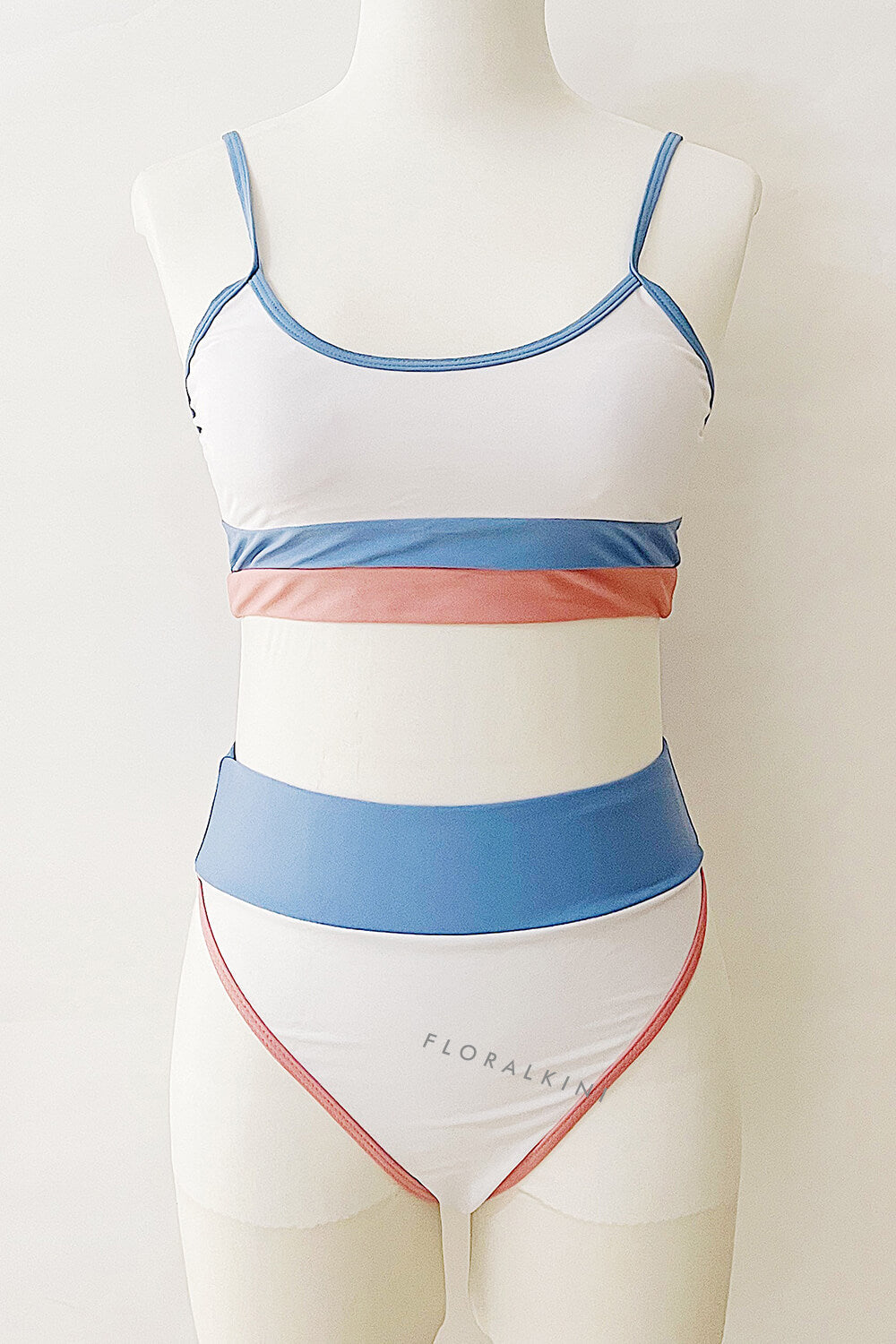 White With Light Blue And Rosey Pink High Waisted Bikini Bottom