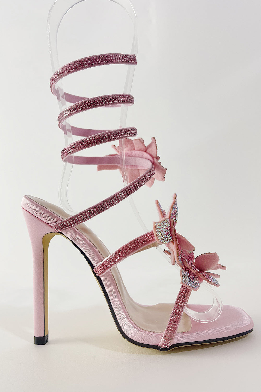 Crystal-Embellished Floral Snake Ankle Wrap Stiletto Heeled Sandals