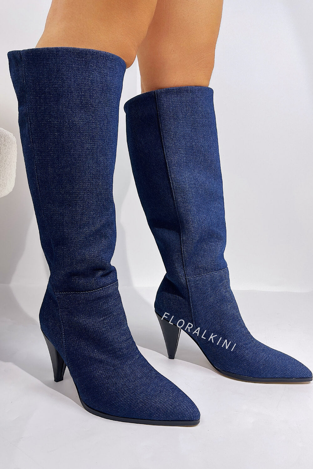 Denim Pointed-Toe Cone Heel Knee High Boots