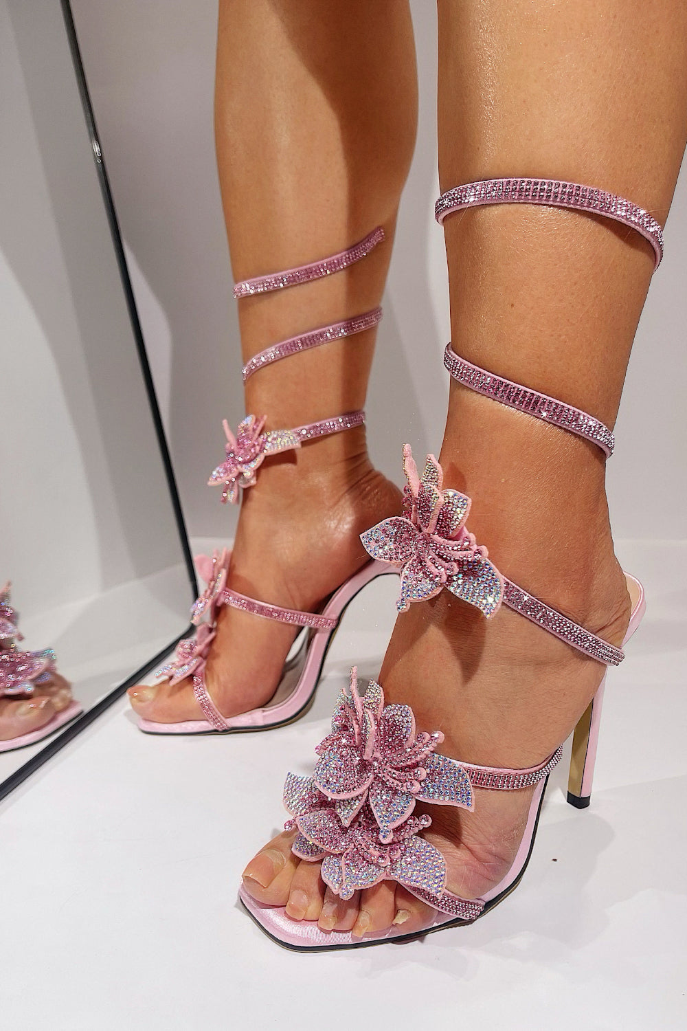 Crystal-Embellished Floral Snake Ankle Wrap Stiletto Heeled Sandals