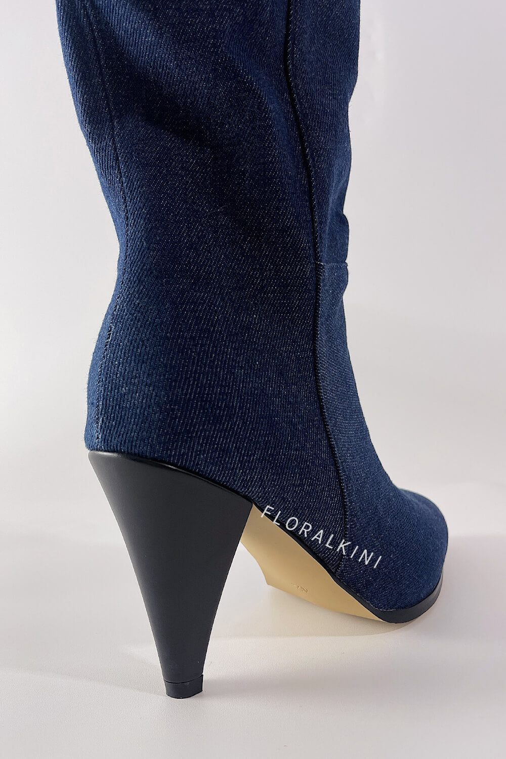 Denim Pointed-Toe Cone Heel Knee High Boots