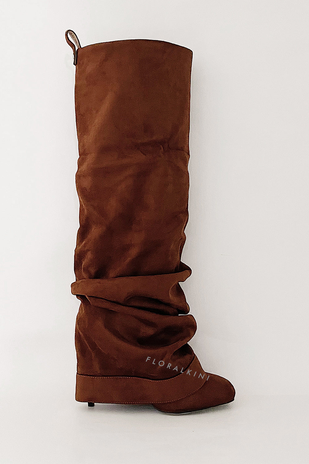 Faux Suede Square Toe Folded Knee High Stiletto Boots - Brown
