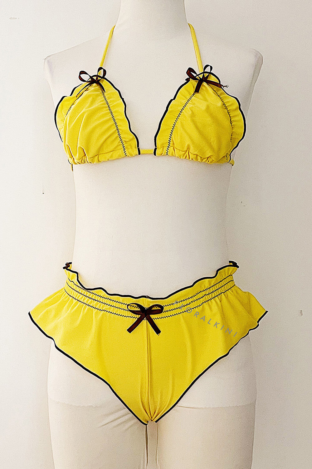 Yellow Two-Tone Frill Trim Halter Triangle Elastic Bikini Set