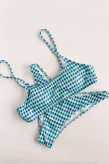 Blue Check Textured Scoop Crop Bikini Top