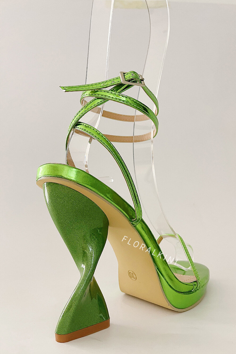 Metallic Faux Leather Open Toe Platform Twisted Statement Heels - Green