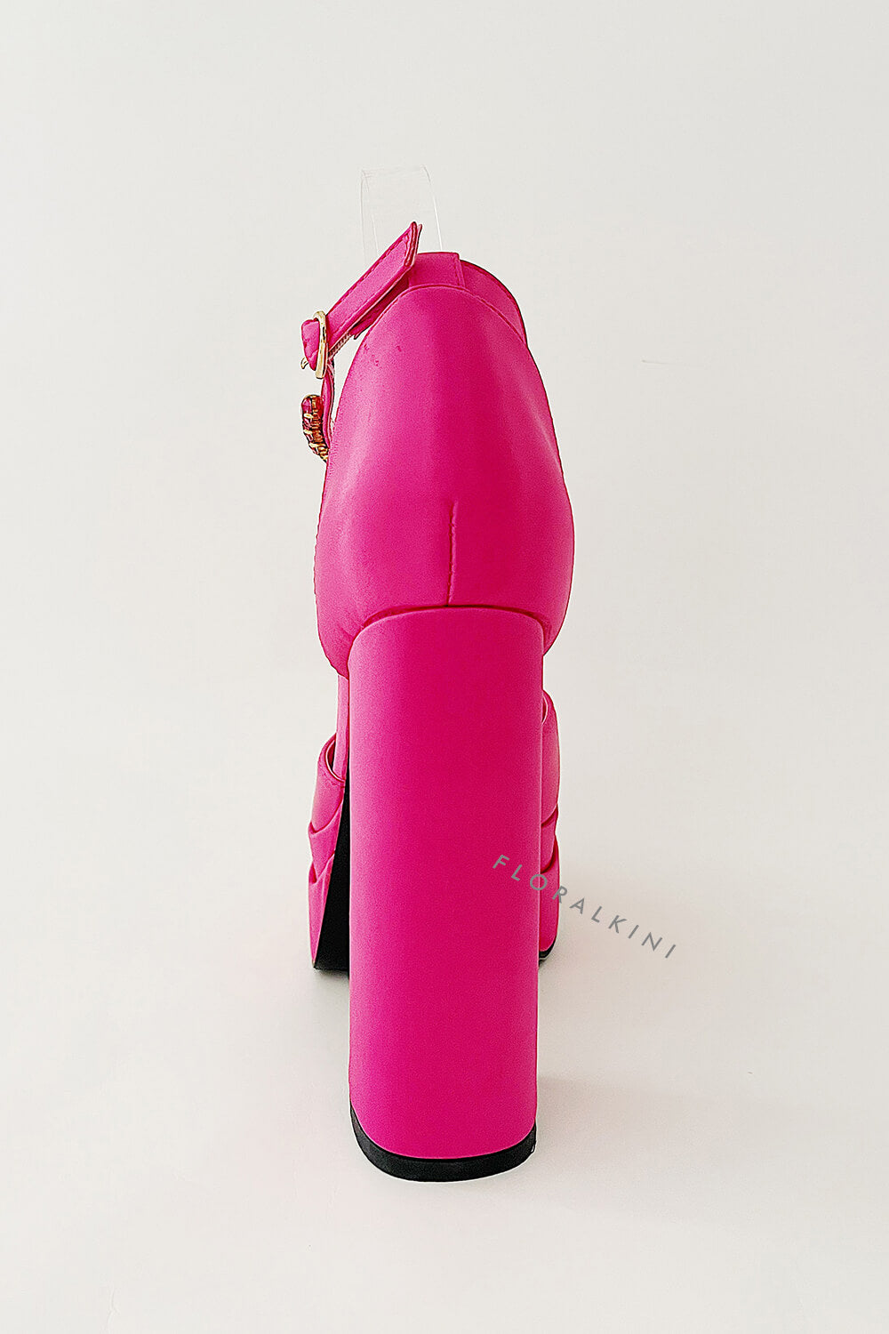 Hot Pink Satin Patent Square Closed Toe Statement Double Platform Block Heel Pumps