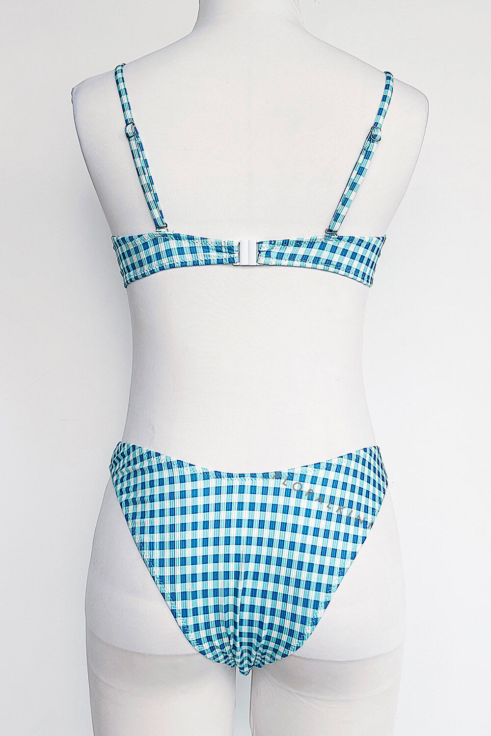 Blue Check Textured Scoop Crop Bikini Top