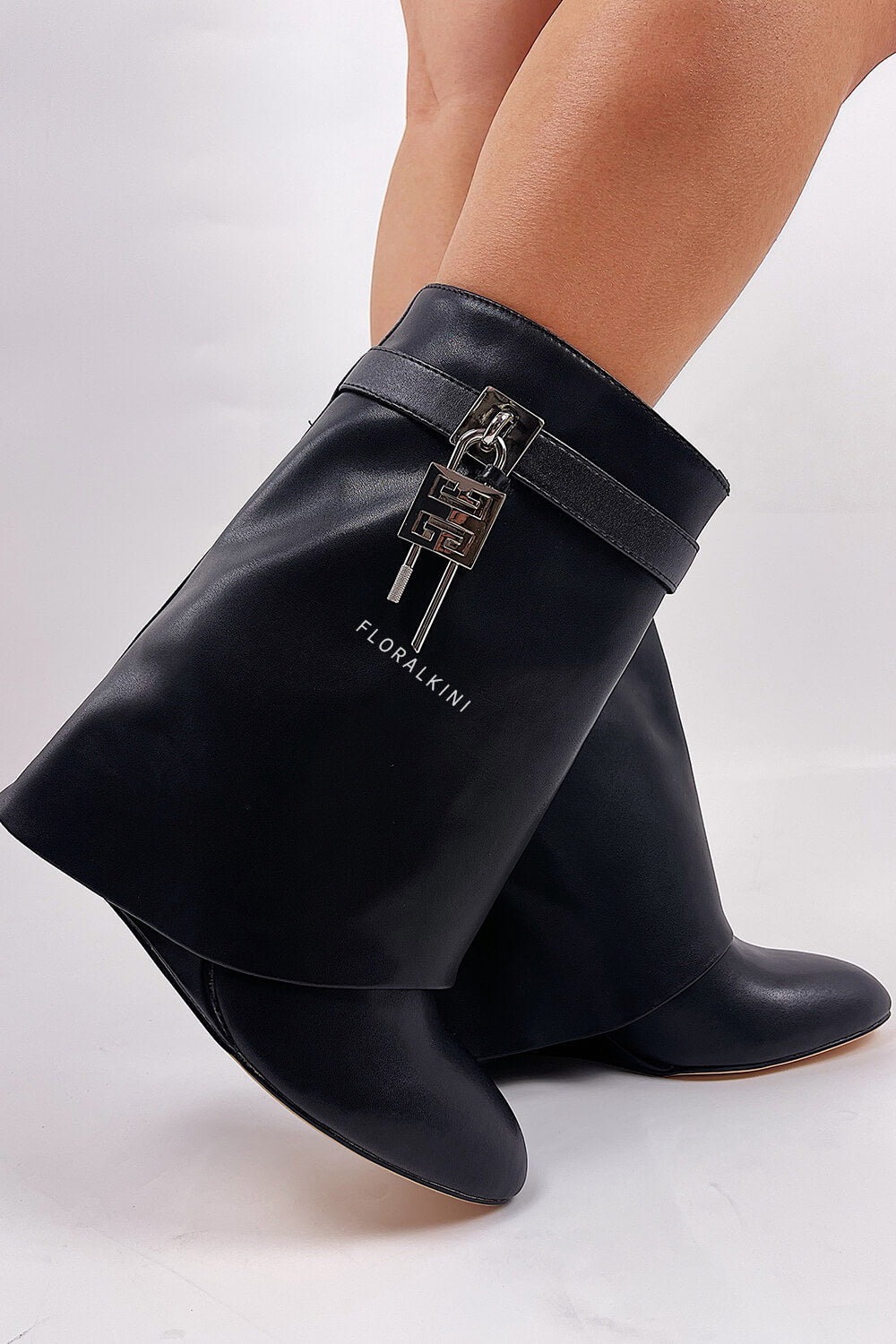 Faux Leather Padlock Detail Folded Wedge Heel Ankle Boots - Black